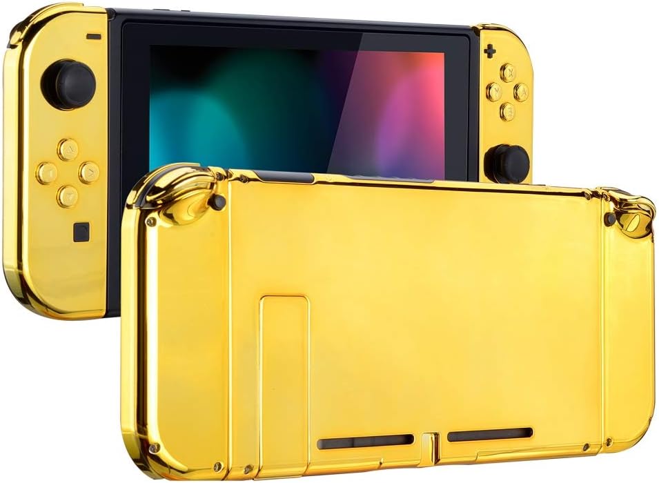 eXtremeRate Back Plate for Nintendo Switch Console, NS Joycon Handheld Controller Housing with Full Set Buttons, DIY Replacement Shell for Nintendo Switch - Chrome Gold