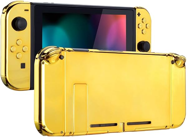 eXtremeRate Back Plate for Nintendo Switch Console, NS Joy con Handheld Controller Housing with Full Set Buttons, DIY Replacement Shell for Nintendo Switch - Chrome Gold - 1