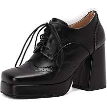 Women Square Toe Oxford Shoes Patent Leather Lace up Chunky Heel Brogue Booties Platform High Heel Pumps