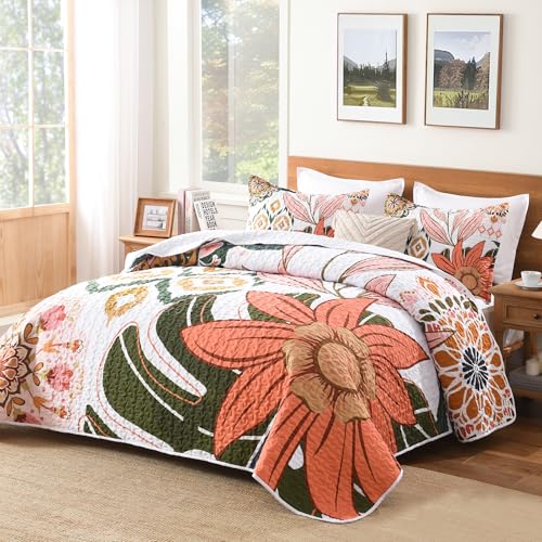 Image of Andency Floral Boho Quilt Super King Plus Size Bedding Set Pink, 3 Pieces Farmhouse Flower Botanical Summer Bedspreads with 2 Shams, Soft Reversible Polyester Coverlet Set for All Season, 128 inchx120 inch