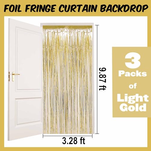 Image of 3 Pack Light Gold Foil Fringe Curtains Backdrop, 3.28 x 9.8 Ft Metallic Streamers Tinsel Curtains Background for Photo Booth, Birthday, Halloween, Christmas, Thanksgiving, New Year Party Decorations
