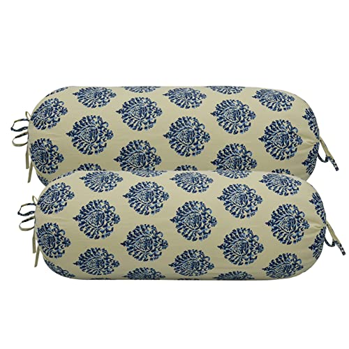 Image of Trance Home Linen Premium 16x32 Inches 100% Cotton Bolster Covers with Tie Knot | Anti-Pill 200 Tc Thread Count | Dewan Bed Round Pillow Cover (Damask Blue - Pack of 2)