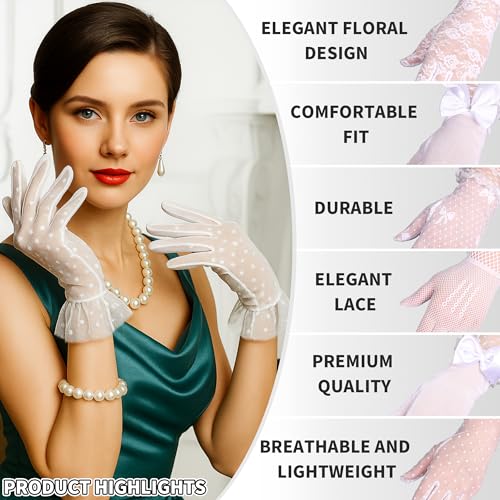MoHern 6 Pairs Lace Gloves Women Tea Party, Gloves with Elegant Floral Design and Comfortable Fit for Ladies' Wedding Party3