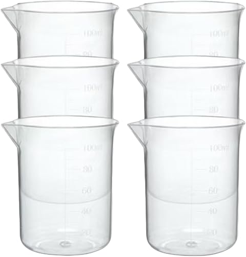 6 vasos de plástico de laboratorio de 3.4 fl oz, tazas medidoras transparentes con escala graduada y boquilla de vertido para experimentos