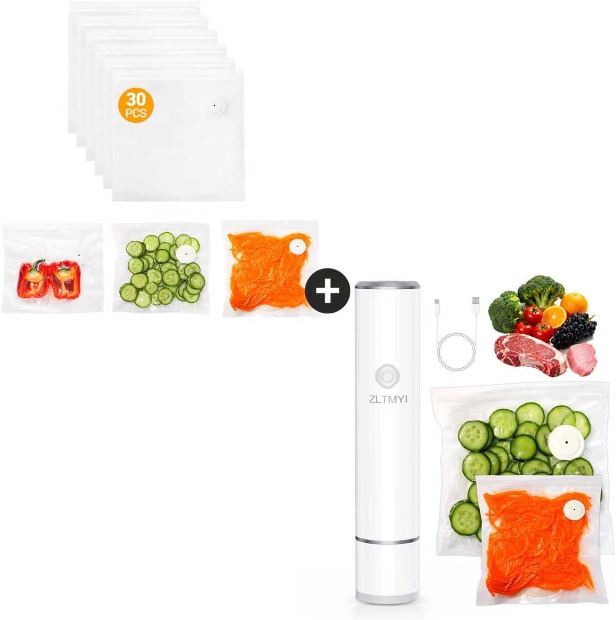 30 Pack Reusable Vacuum Sealer Bags for Food with Air Valve Plus Handheld Vacuum Sealer for Food Machine with 30 BPA‑Free Reusable Vacuum Bags Kit