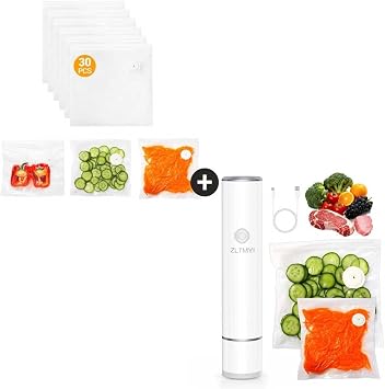 30 Pack Reusable Vacuum Sealer Bags for Food with Air Valve Plus Handheld Vacuum Sealer for Food Machine with 20 BPAFree Reusable Vacuum Bags Kit