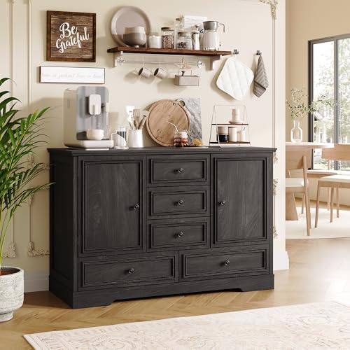 GarveeHome 47" Farmhouse Sideboard Buffet Cabinet, Sideboard Storage credenza with 5 Drawers and 2 Doors, Wood Coffee Bar Cabinet, Buffet Table for Di