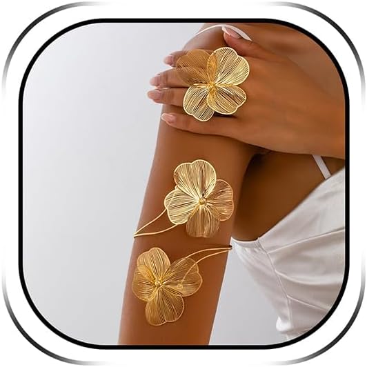 Upper Arm Cuff for Women, Gold Floral Arm Bracelet Adjustable Open Armlet, Boho Festival Jewelry for Beach Summer Outfits Country Concert Accessories