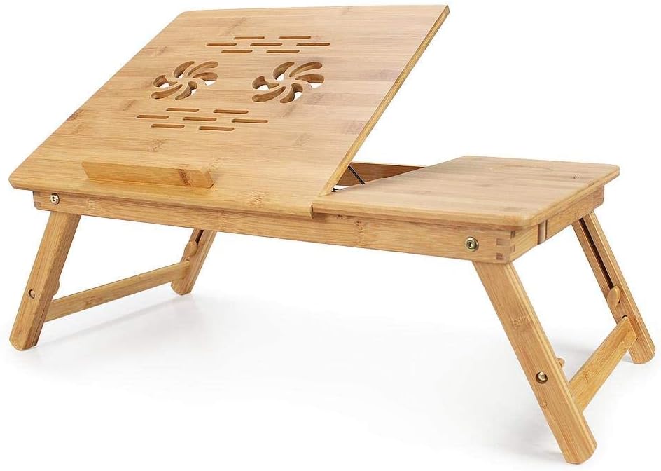Todeco - Portable Notebook Table, Foldable Bed Tray - Material: Bamboo - Size of the table top: 21.7 x 13.8 inch - Adjustable desk with ventilation