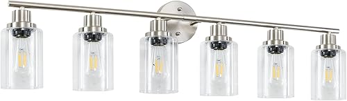 Miniatura 9 de Luces de tocador de baño de níquel con 6 luces, lámparas modernas E26 con pantalla de vidrio transparente, lámparas de pared para espejo, pasillo,