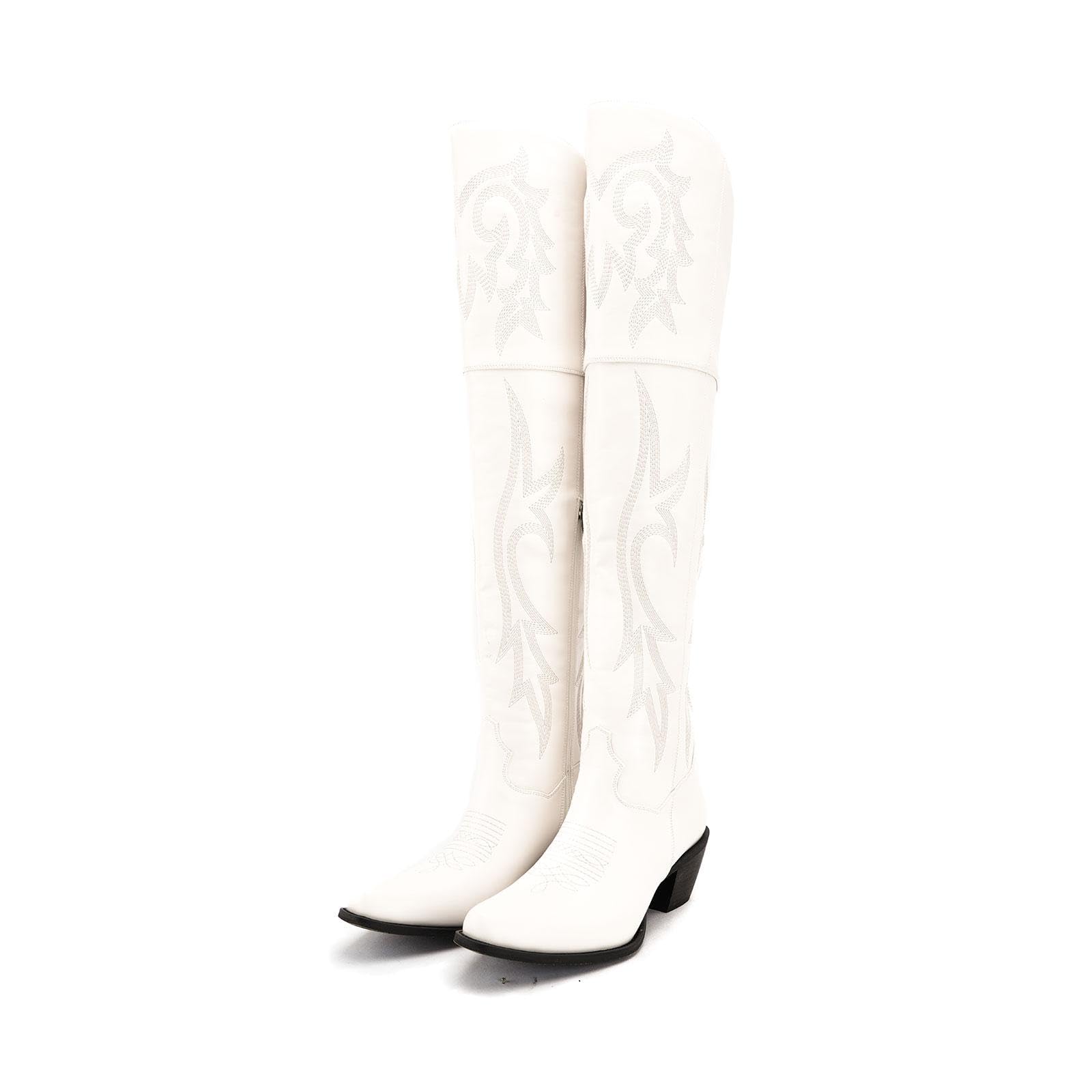 Knee High Tall Cowboy Boots Women Vintage Embroidered Pointed Platform Over the Knee Cowgirl Boots Faux Suede Western Boots