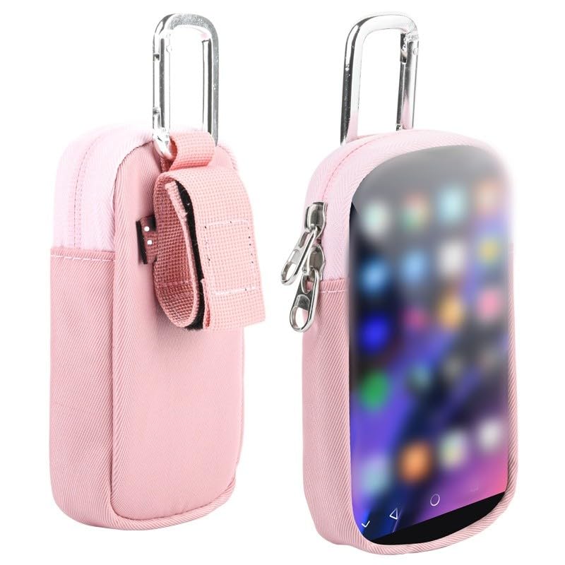 Práctica bolsa de almacenamiento para MP3/MP4 de viaje con acceso transparente y mosquetón para un uso sin esfuerzo (rosa)
