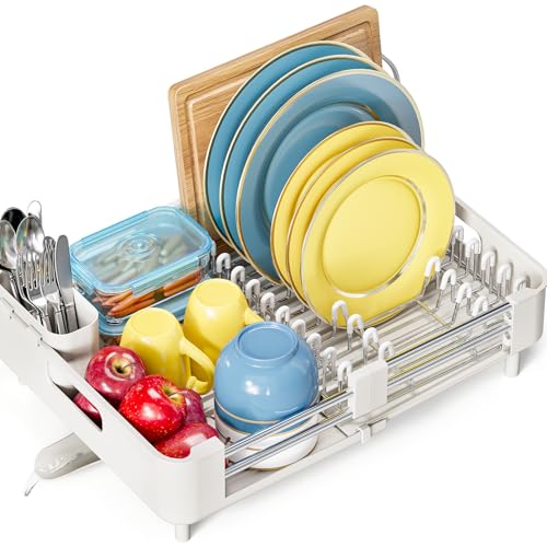 TOOLF Extendable Dish Rack, Dual Part Dish Drainers with Non-Scratch and Movable Cutlery Drainer and Drainage Spout, Adjustable Dish Drying Rack for Kitchen, 1 Piece White