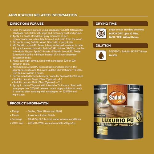 Image of Sadolin by Dulux | Luxurio PU Gloss Finish Clear - Premium Wood Coating | Luxurious Italian Finish | Wood Polish with Excellent Scratch, Stain, and Crack Resistance, 1 litres