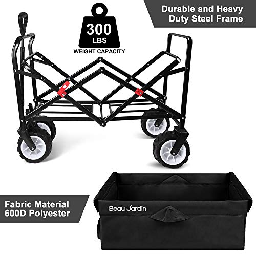 BEAU JARDIN Collapsible Folding Wagon 300 Pound Capacity Heavy Duty Foldable Beach Wagon Cart Grocery Utility Wagon for Garden Sports Shopping Outdoor All Terrain Wheel Portable Black - Image 4
