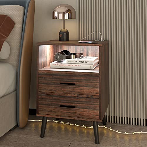 Lvsomt Nightstand With Charging Station And Usb Ports, Rustic Brown Bedside Table With Open Shelf, Mid Century Modern Nightstand With 2 Drawers, Night Stands For Bedroom… #TOP7