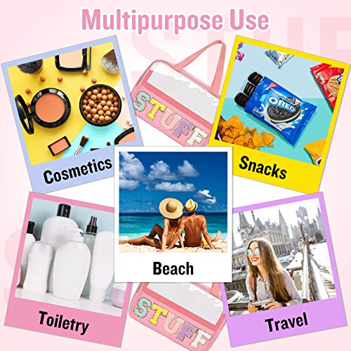 Preppy Clear Stuff Makeup Bags With Chenille Letter Patches, Travel Essentials Large Clear Make Up Bag Zipper Pouch With Handle, Waterproof Nylon Cosmetic Toiletry Storage Tote For Women (Stuff-Pink) #TOP7