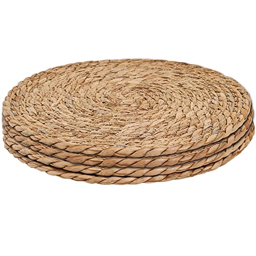 Image of Defined Deco Woven Placemats Set of 4,12 inch Round Rattan Placemats,Natural Hand-Woven Water Hyacinth Placemats,Farmhouse Weave Place Mats,Rustic Braided Wicker Table Mats for Dining Table,Home,Wedding.