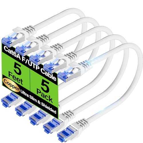 Image of Cat6A Ethernet Cable Shielded 10Gbps 5 ft (5 Pack), Slim Shielded (F /UTP) Ethernet Cable Cat 6, Flexible 28AWG Bare Copper Cat6 Cable, Space-saving Cat 6a Network Cable for Server, Data Center, White