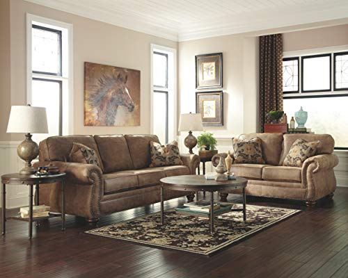 Signature-Design-by-Ashley-Larkinhurst-Faux-Leather-Queen-Sofa-Sleeper-with-Nailhead-Trim-and-2-Accent-Pillows-Brown Signature Design by Ashley Larkinhurst Faux Leather Queen Sofa Sleeper with Nailhead Trim and 2 Accent Pillows Brown