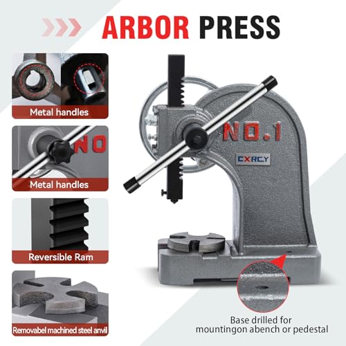 Image of CXRCY Arbor Press 1 Ton with Hand Wheel, Cast Iron Heavy duty Manual Arbor Press 1 Ton, 5.5 inch Maximum Height, Desktop Arbor Press, Metal Punch Press Machine for Stamping Bending Forming Stretching