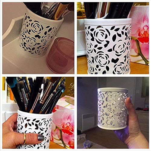 Yeeda Hollow Rose Flower Pattern Pen Holder,Cylinder Cosmetic Make Up Brushes Metal Pencil Pot Organizer Stationery Container (White) #TOP4