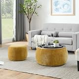kakuboohi Round Storage Ottoman 2-Piece Set,Work as Coffee Table and Ottoman for Living Room,Equipped with a Drum Shaped Small Stool,Chenille Dark Yellow,25'x25'x14.7'
