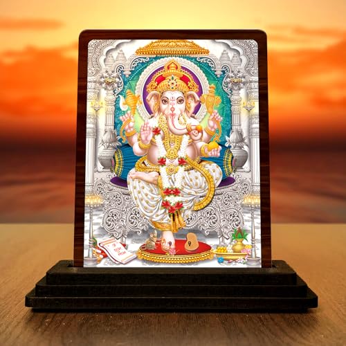 VPRINT QUALITY Ganesh Idol (Ganpati Bappa Murti) | MDF Glossy Ganesha Photo Stand (7.5X10cm) | Car Dashboard & Home Mandir Decor
