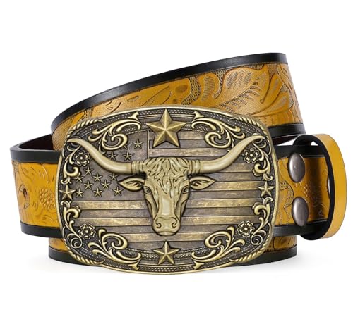 Image of SANSTHS Western Cowboy Belts for Men Women, Mens Western Belt Bull Buckle Country Belt Cowboy Leather Belt for Jeans