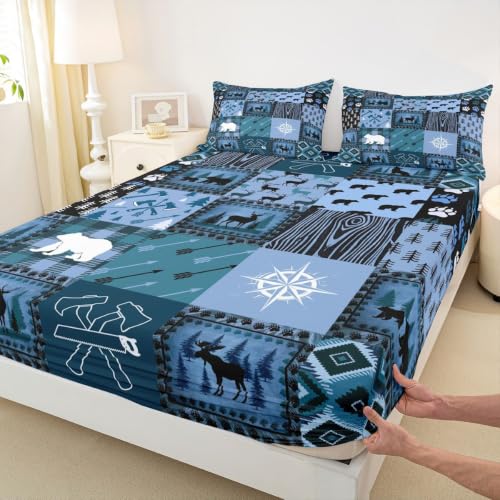 Bear Sheet Set Cute Elk Print Sheets with Deep Pocket Fitted Sheet for Teens Farmhouse Wild Animals Style Bed Sheets Set Plaid Grid Geocmetric Blue Black Bedding Set 4Pcs With 1 Pillow Case Twin - Image 4