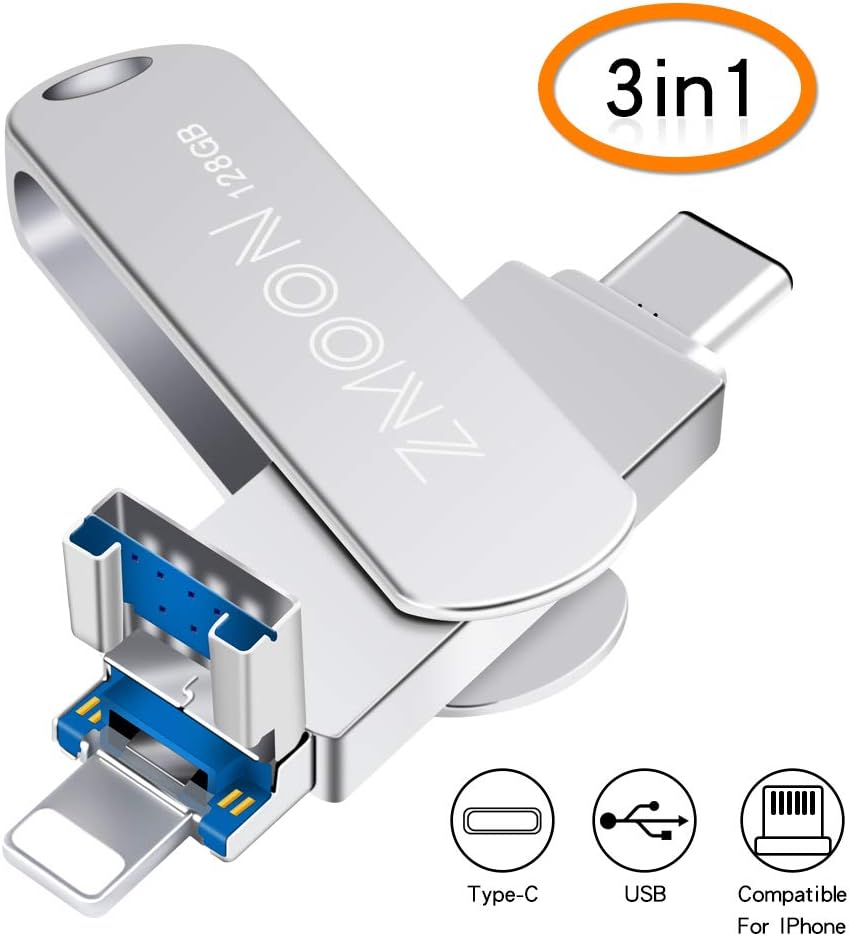 128 GB 3 in 1 USB Flash Drive, Memory Expansion Multi-Functions USB Stick Compatible for iPhone/Android(Type-C)/Windows (128GB)