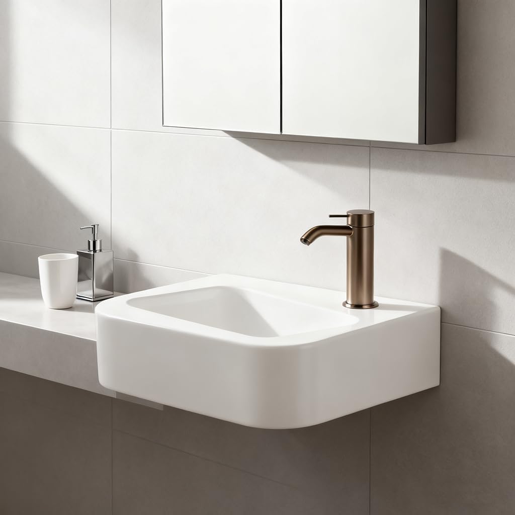 Wall Mounted Ceramic Bathroom Sink Modern White Vanity Vessel Sink, Small Porcelain Wash Basin Right Hand, for Restroom, Toilet
