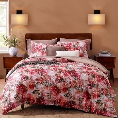 CASAAGUSTO King Comforter Set, 7 PCS Red Rose Floral Comforter Set with Flowers Leaves Pattern, Soft Seersucker Design All Season King Size Bedding Set(102