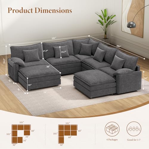 Image of Vesgantti 101 inch V-Shaped Corner Couch Sectional, 7 Seat Customizable Modular Cloud Couches with Movable Ottoman, Chenille Deep Seat Sofa Set with Chaise for Living Room, Bedroom and Apartment, Gray