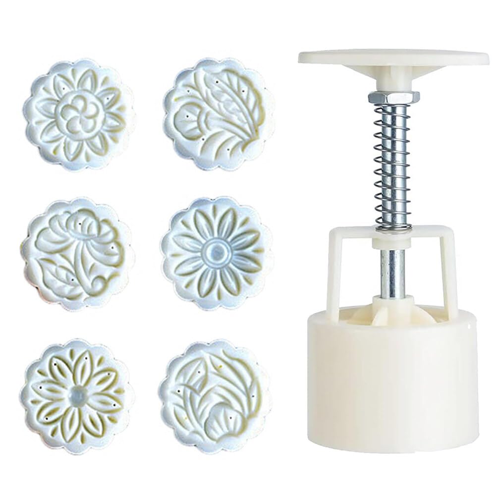 ikasus Moon Cake Mould 50g, 4/6 PCS Pattern Hand-Pressure Mooncake Molds for Home Kitchen Festival Mid-Autumn Dessert DIY Pastry Tool Type 2