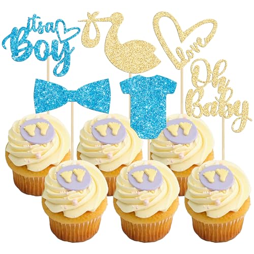 Gyufise 36 Pack Oh Baby Cupcake Toppers Assembled It's a Boy Cupcake Toppers with Tie Onesie Love Heart Glitter Cake Picks Decorations for Baby Shower Boy Birthday Party Supplies