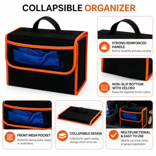 Image of JVCV Car Trunk Organizer Storage Bag with Mesh Pocket | Foldable Boot Storage Box | Durable Black Organizer | 29x30x17 cm | Multipurpose Car Storage | Small - Black Orange