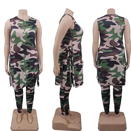 Plus Size Two Piece Outfits For Women - Casual Camouflage Print Sleeveless Tank Tunic Tops And Skinny Long Pants Tracksuit Set Blue 2Xl #TOP5