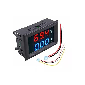 Digital Voltmeter Ammeter, DC 0-100V/10A Measurement, Voltage Current Check, LED Panel Mounted, Reverse Connection Protection, High Precision, 0.1V, 0.01A, Lead Wire, Red and Blue Display, Power