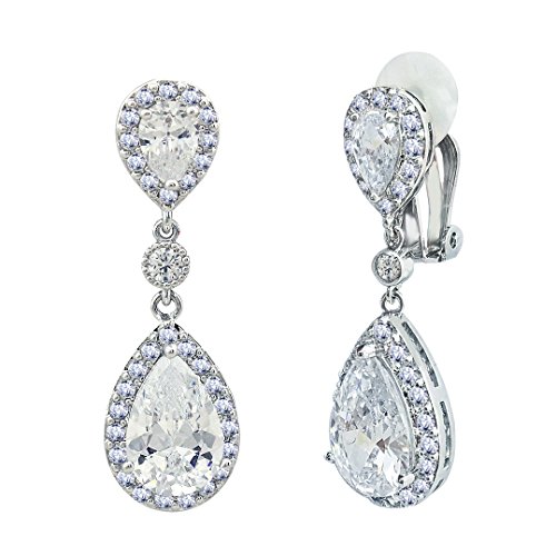 SELOVO Cubic Zirconia Wedding Bridal Clip on Teardrop Drop Earrings for Women Silver Tone