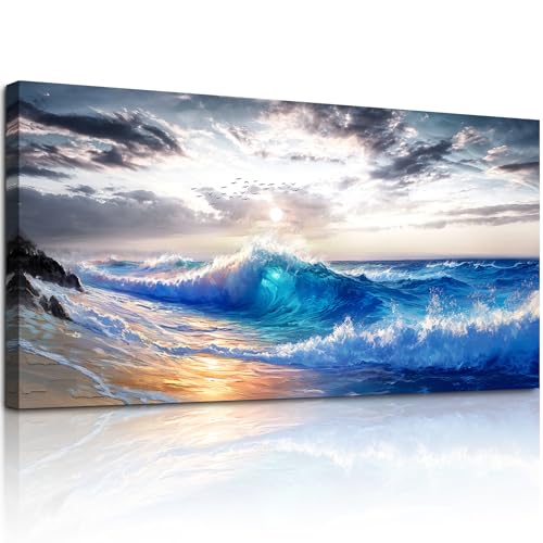 crmotu Beach Wall Art, Coastal Wall Decor, Large Landscape Wall Art, Ocean Wave Art Prints, Beachy Sunset Pictures For Living Room, Entryway Bedroom Aesthetic Artwork, Modern Office Decor 24x48inch