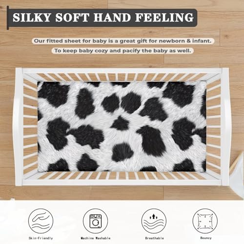 Image of Cow Print Baby Crib Sheets for Boys Girls Cribs Sheet Nursery Bedding Set Fitted Breathable Crib Mattress Cover Nursery Decor Toddler Gifts, 25x52 inch, Machine Washable