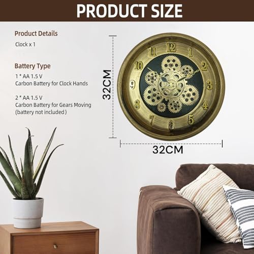 Image of De'rons Rotating Moving Gears Wall Clock Industrial Steampunk Real Moving Gear Designer Wall Clock for Living Room Home Decor Office Wooden Look Plastic Round 32cm DC-1387 (Golden)