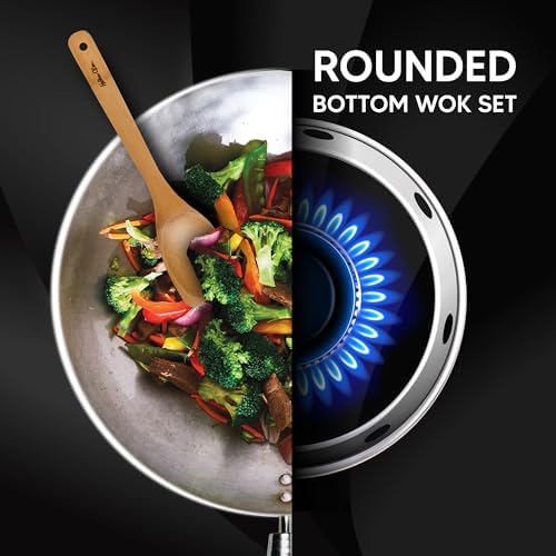 Helen's Asian Kitchen Round Bottom Wok Set, Carbon Steel and Bamboo, 12-Inches, 4-Piece Set - Thumbnail 2