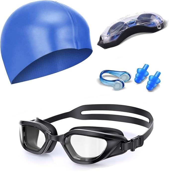 Image of Leosportz 4 in 1 Swimming Kit - Swimming Cap, Swimming Googles, Earplugs and Nosepulgs Set | UV and Anti Fogg Protection Googles | Silicon Non Sip with New Memory Technology (Blue)