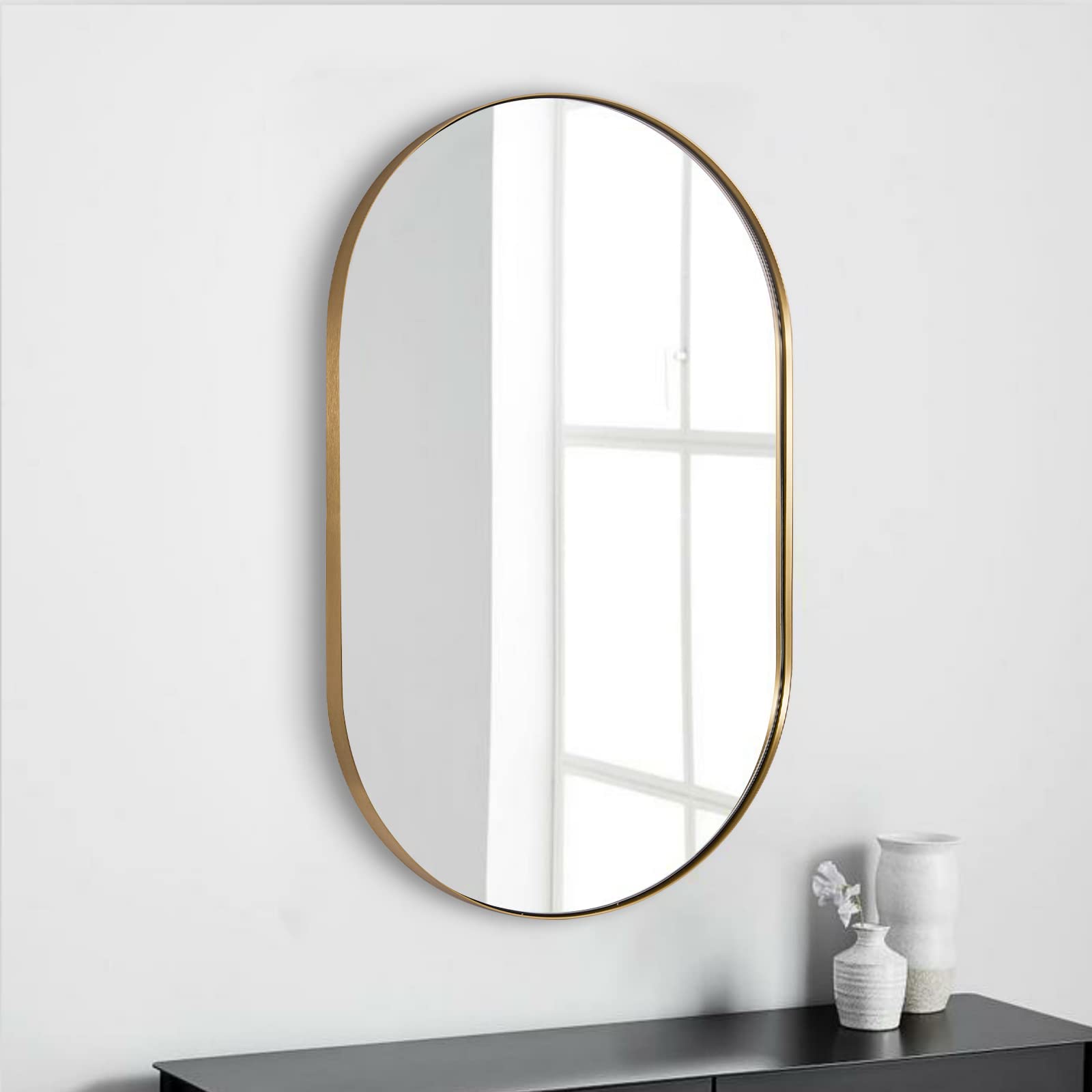 ANDY STAR Gold Oval Mirror, Brass Mirror for Wall, Oval Mirrors for Bathroom in Stainless Steel Metal 1’’ Thin Frame Pill Shaped Mirror Hangs Vertical or Horizontal Ideal for Limited Space