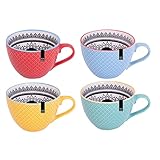 YöL Set Of 4 Mugs Bohemian Modern Design Embossed Mugs New Bone China Coffee Tea Cups Mug Set Stylish Trendy Boho