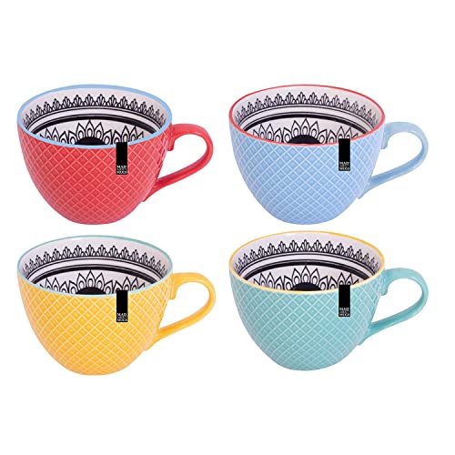 YöL Set Of 4 Mugs Bohemian Modern Design Embossed Mugs New Bone China Coffee Tea Cups Mug Set Stylish Trendy Boho