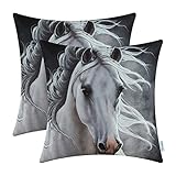 CaliTime Pack of 2 Soft Canvas Throw Pillow Covers Cases for Couch Sofa Home Decoration Vivid Wild Horses Print 18 X 18 Inches White Horse