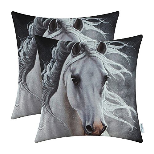 CaliTime Pack of 2 Soft Canvas Throw Pillow Covers Cases for Couch Sofa Home Decoration Vivid Wild Horses Print 18 X 18 Inches White Horse